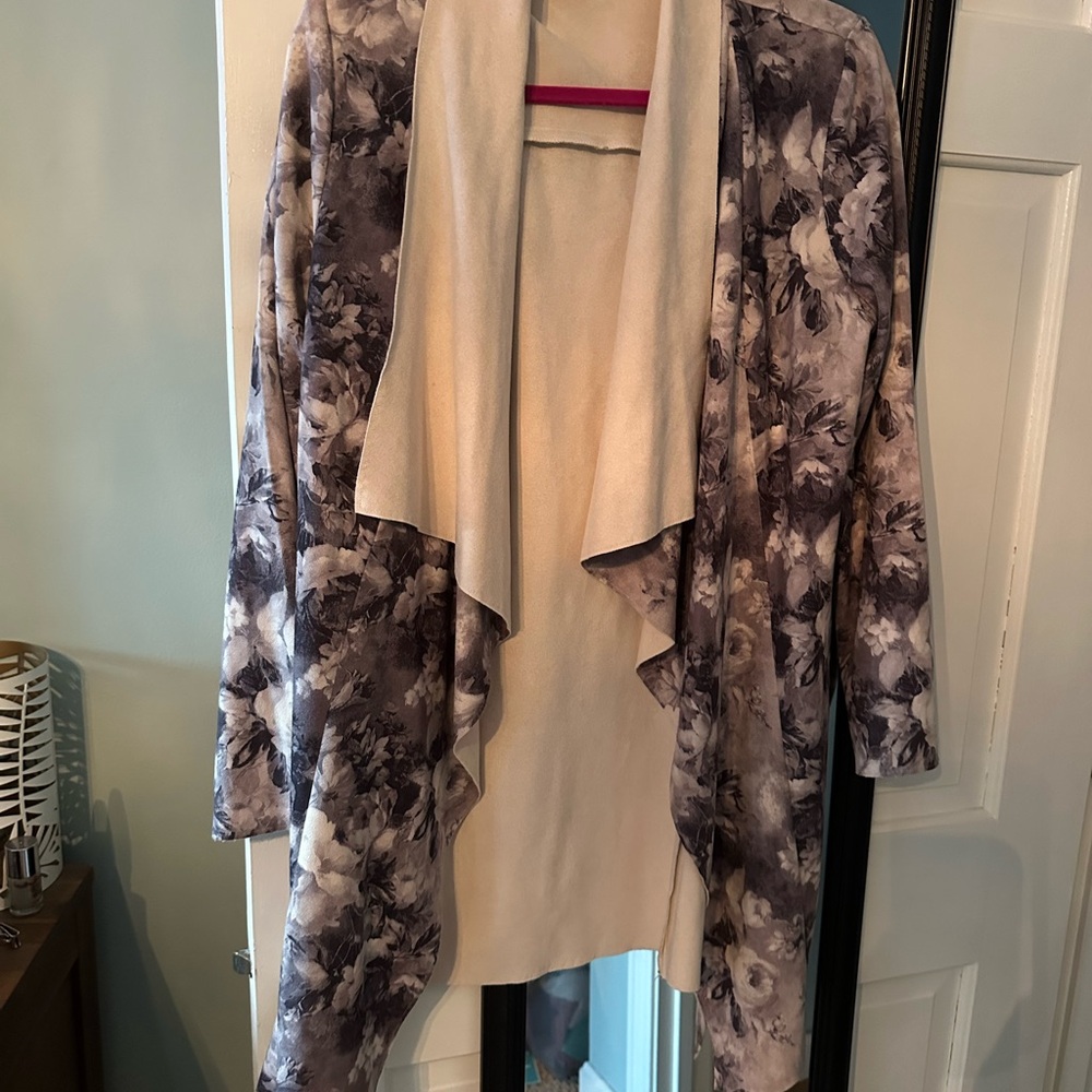 Floral Open Front Cardigan Sweater - Gray